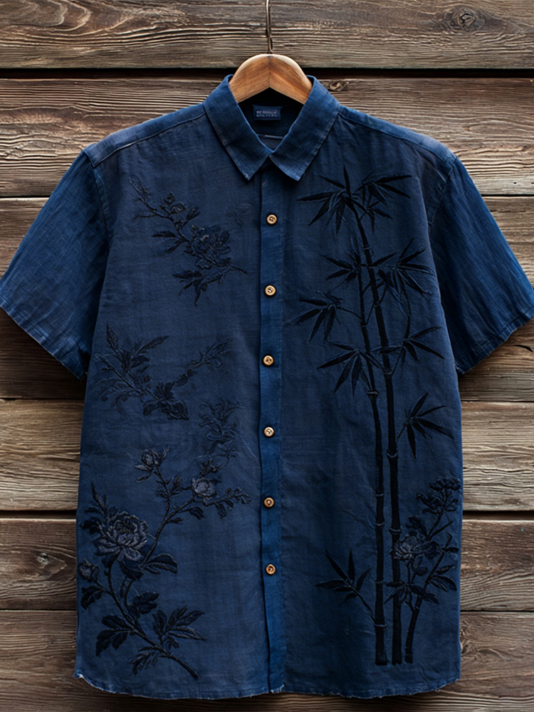 Vintage Flowers & Bamboo Art Short Sleeve Linen Shirt - Navy blue