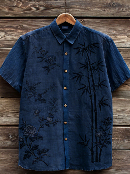Vintage Flowers & Bamboo Art Short Sleeve Linen Shirt - Navy blue
