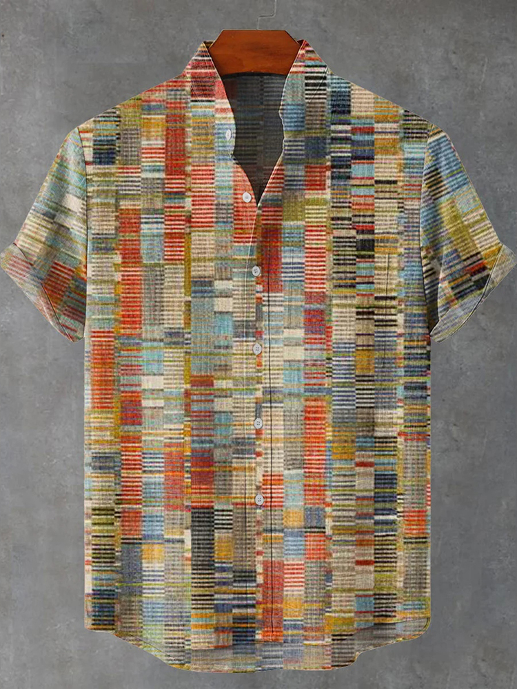 Abstract Geometric Pattern Art Vintage Print Casual Cotton Shirt - Green