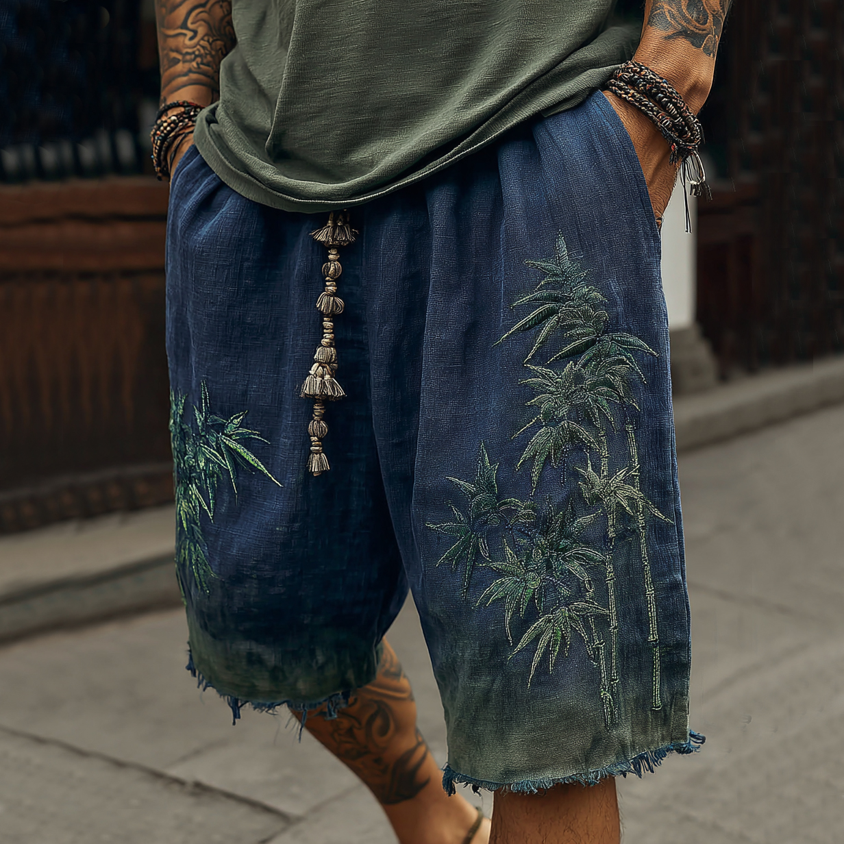 Japanese Bamboo Embroidery Art Gradient Print Linen Blend Casual Shorts - Navy blue