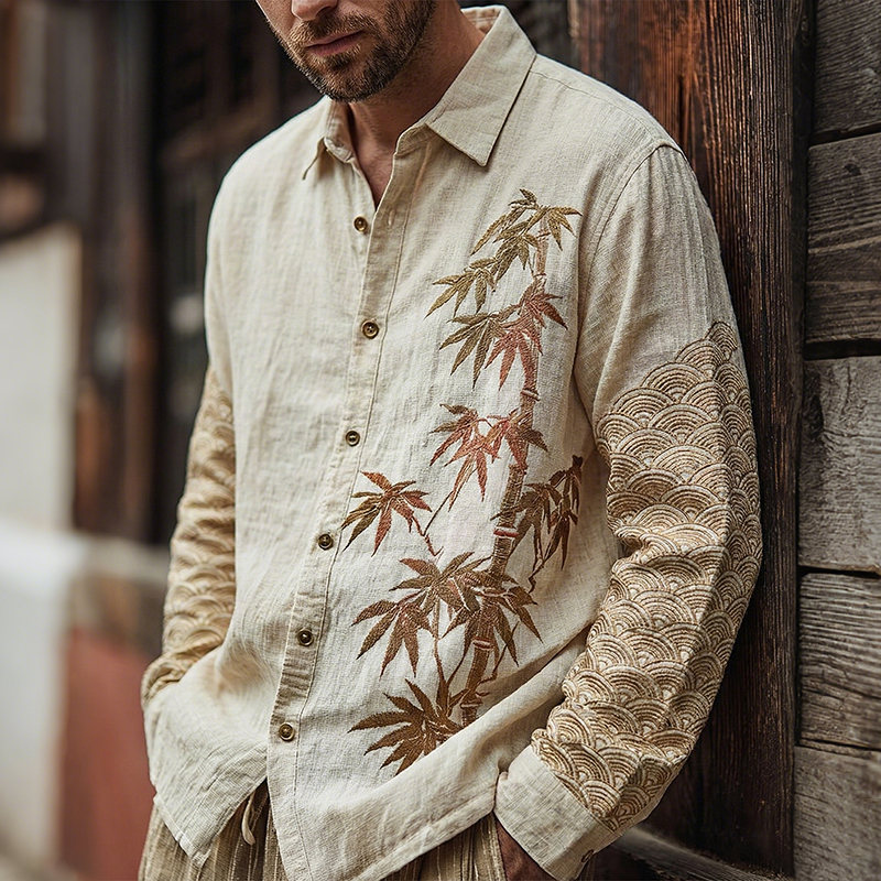 Men's Japanese Bamboo Art Print Long Sleeve Shirt - Beige
