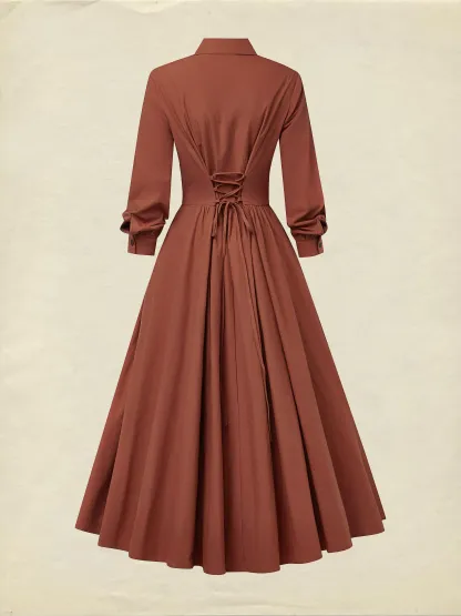 Maxi Cotton Dress, Long Sleeves, Shawl Collar, Plain, Button Design, Vintage, Brick Red - Brick Red