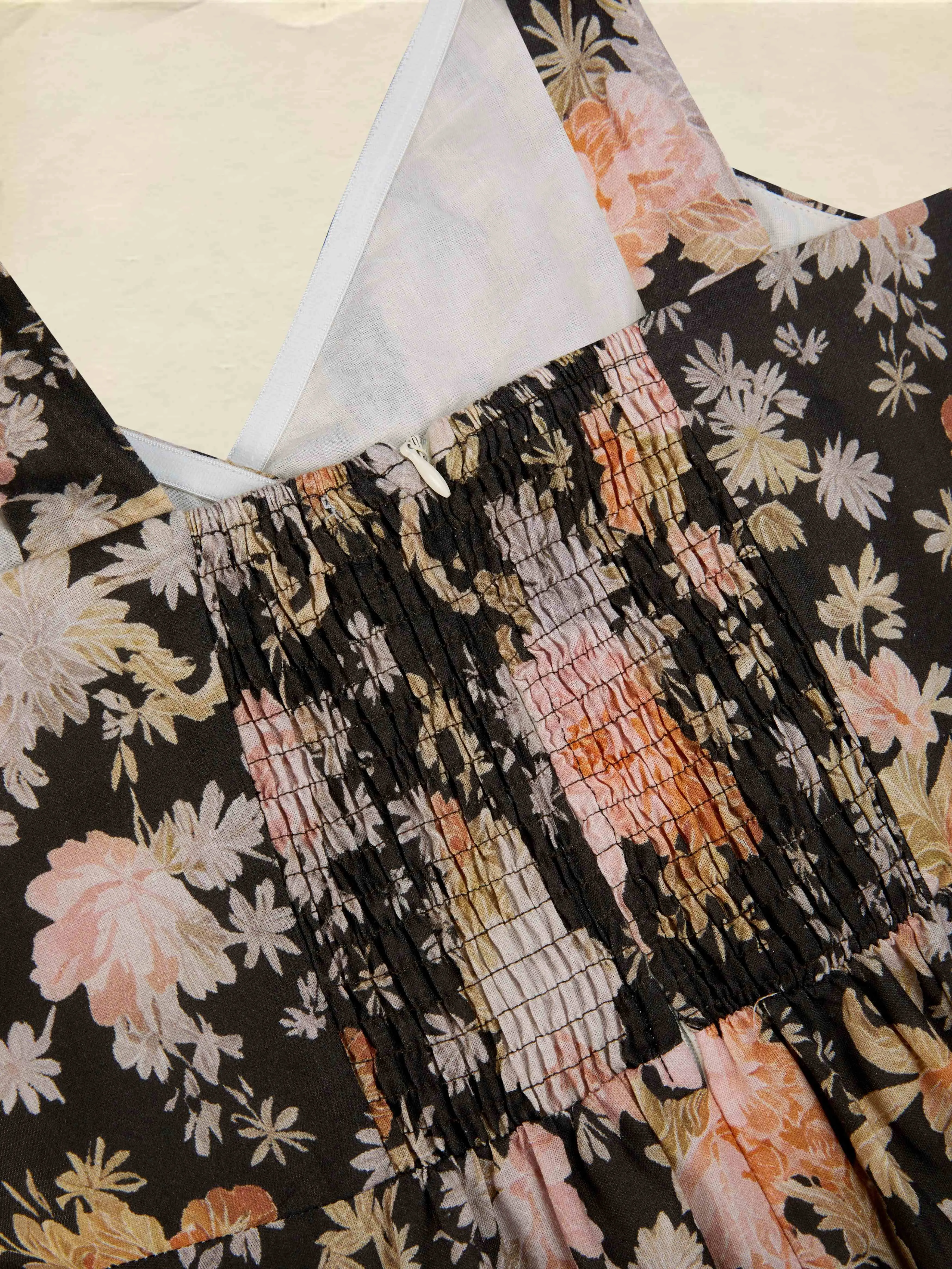 Midi Cotton Dress, Sleeveless, Sweetheart Neck, Floral, Suspenders, Vacation, Vintage, Apricot - Apricot