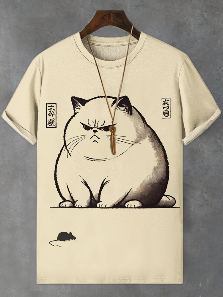 Men's Cat And Mouse Japanese Art Print Comfortable T-shirt - Beige