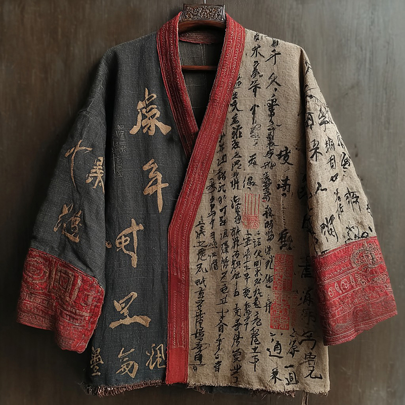 Retro Calligraphy Art Pattern Casual Kimono Cardigan - Black