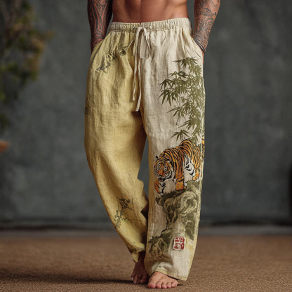 Men's Japanese Style Tiger And Bamboo Forest Retro Tie-dye Linen Trousers - Yellow