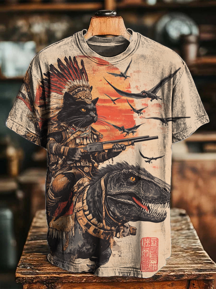 Men's Tribe Cat Dinosaur Japanese Art Print T-shirt - Beige