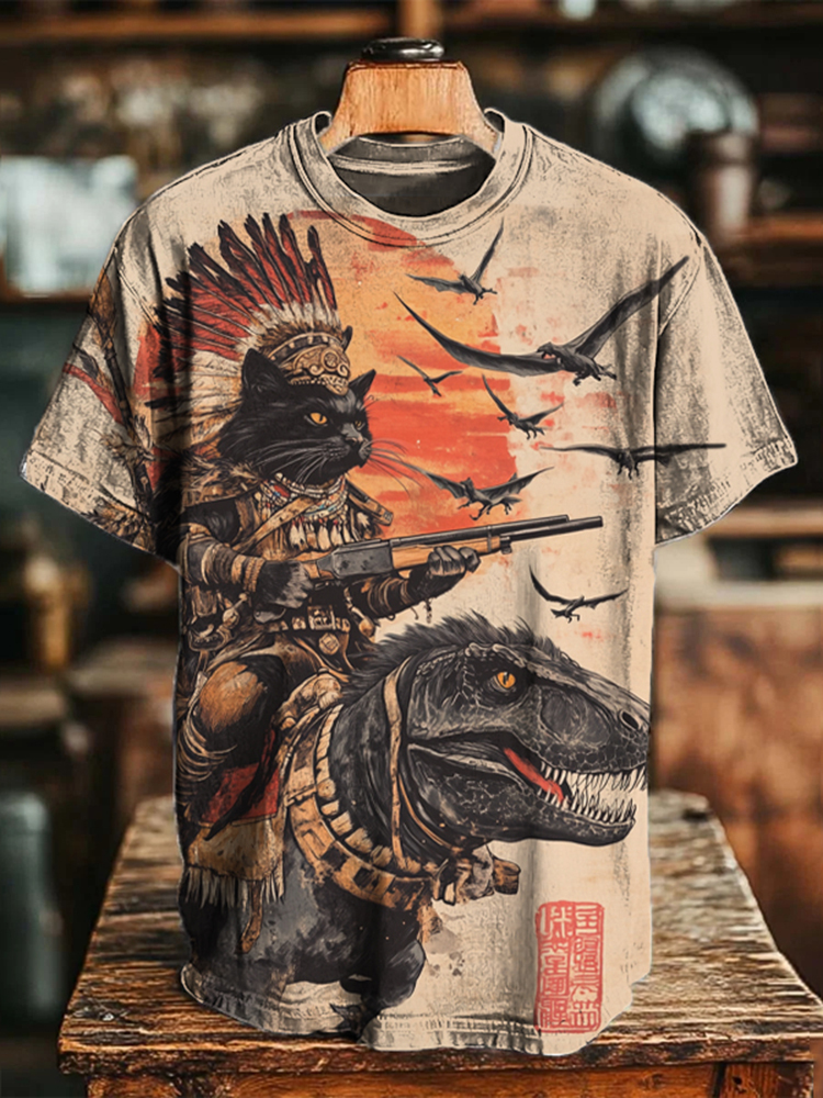 Men's Tribe Cat Dinosaur Japanese Art Print T-shirt - Beige