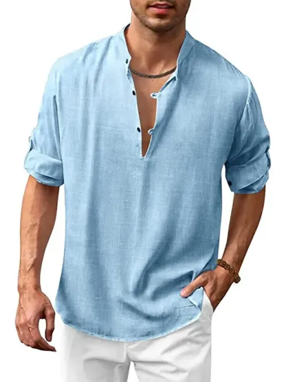 Men's Cotton Linen Casual Hippie Long Sleeve Shirt - Blue
