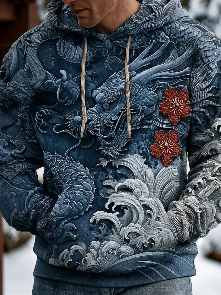 Japanese Dragon & Ocean Art Men's Hooded Sweatshirt - Blue
