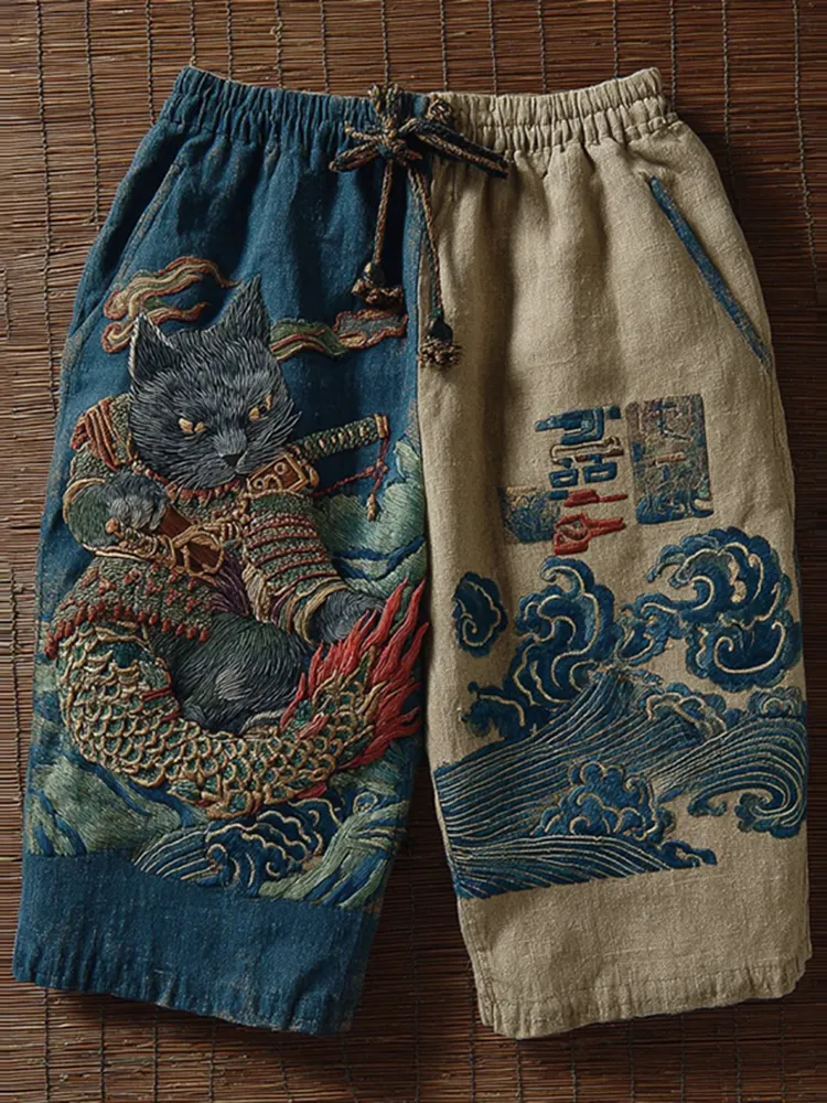 Men's Japanese Cat Art Print Casual Shorts - Blue
