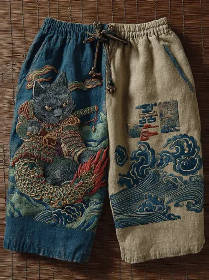 Men's Japanese Cat Art Print Casual Shorts - Blue