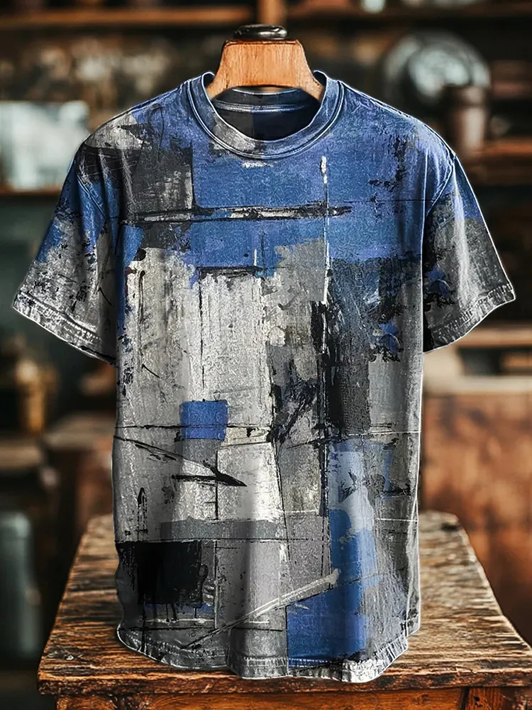 Vintage Abstract Geometric Graffiti Printed Casual Loose T-shirt - Blue