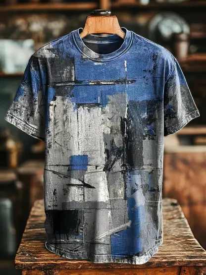 Vintage Abstract Geometric Graffiti Printed Casual Loose T-shirt - Blue