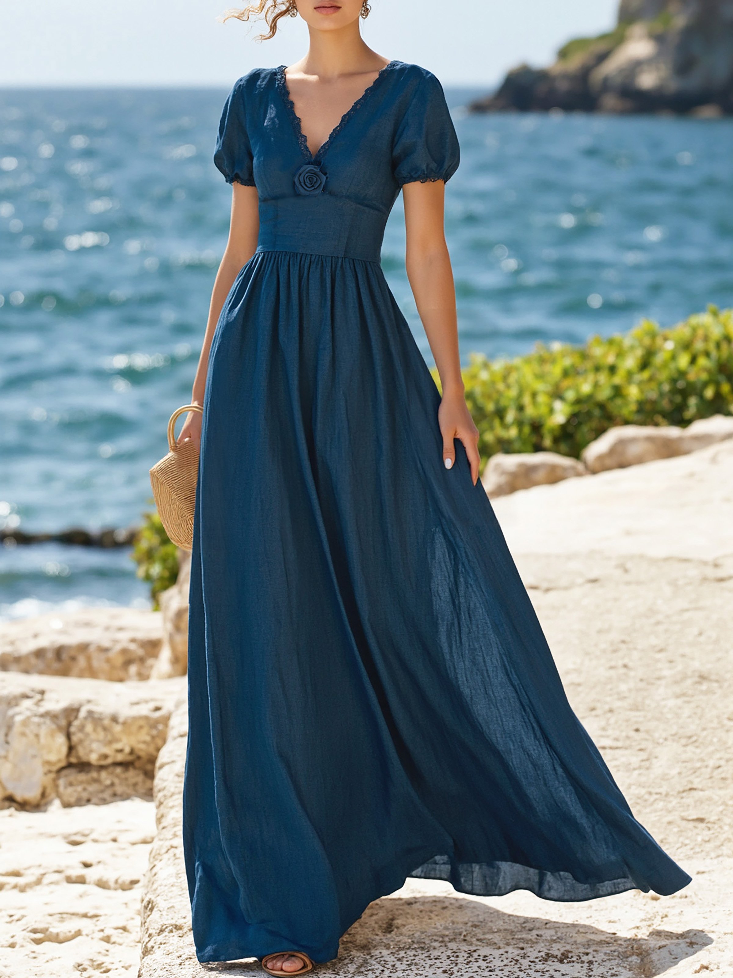 Maxi Linen Dress , Short Sleeves, V Neck, Plain, Lace, Vintage, Blue - Dark_blue