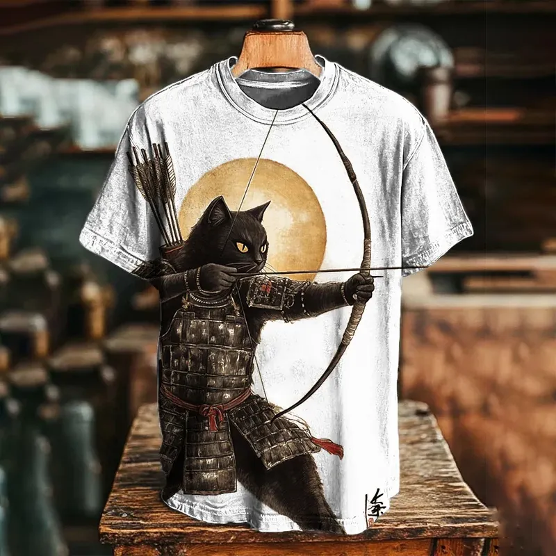 Men's Shooting Arrows Black Cat Art Print Casual T-shirt - White