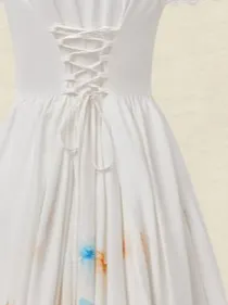 Linen Maxi Dress, Short Sleeve, Lace Collar, Floral, Vintage, White - White