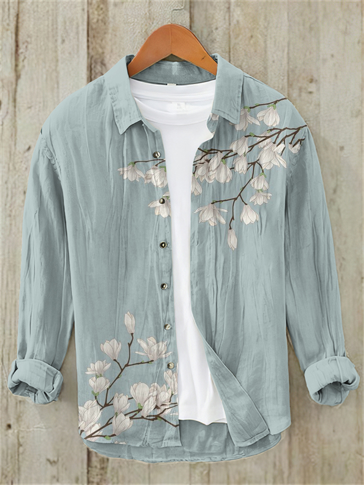 Men's Vintage Japanese Art Floral Casual Linen Blend Shirt - Blue