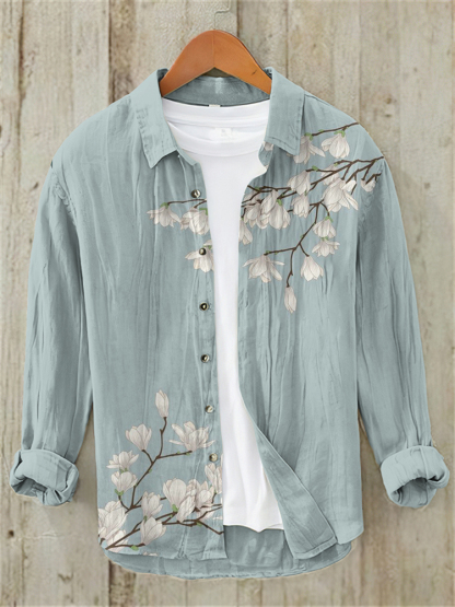Men's Vintage Japanese Art Floral Casual Linen Blend Shirt - Blue