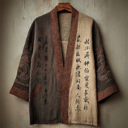 Japanese Dragons Calligraphy Art Contrast Linen Kimono - Gray beige