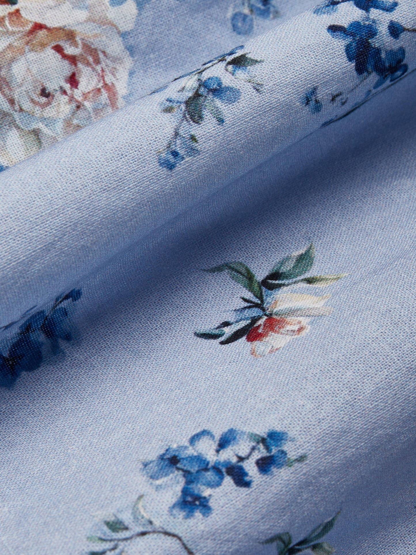 Maxi Linen Dress, Puff Sleeves, Crew Neck, Floral, Linen Blend, Blue - Blue