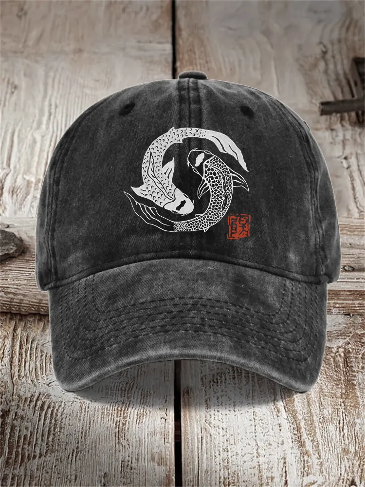 Carp Fish Contrast Japanese Lino Art Washed Cap - Black