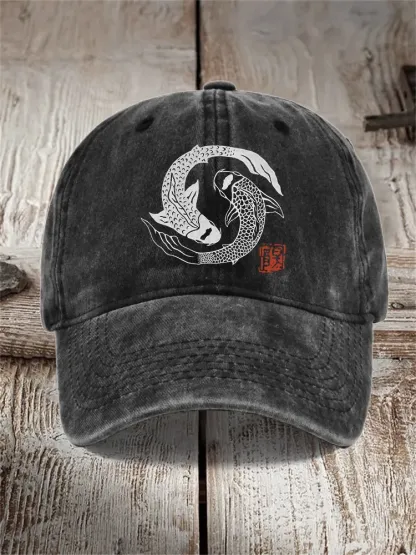 Carp Fish Contrast Japanese Lino Art Washed Cap - Black