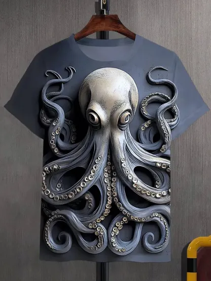 Men's 3d Octopus Graphic Print Casual T-shirt - Grey