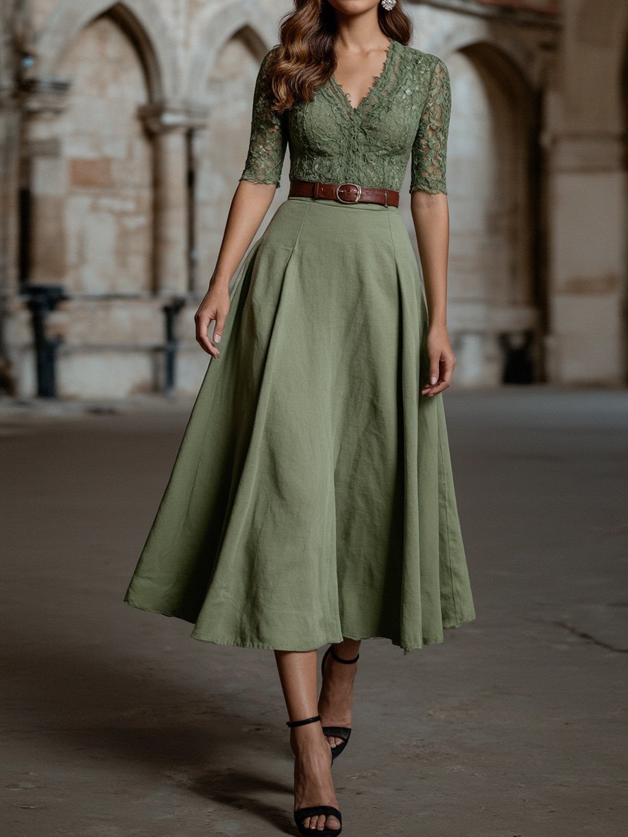 Midi Linen Dress , Half Sleeve, V Neck, Plain, Lace, Vintage, Army Green - Army Green