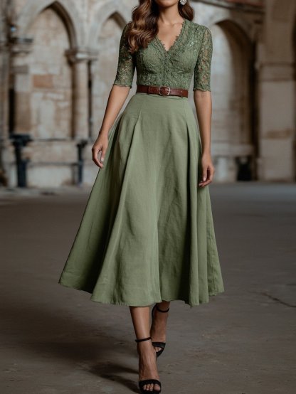 Midi Linen Dress , Half Sleeve, V Neck, Plain, Lace, Vintage, Army Green - Army Green