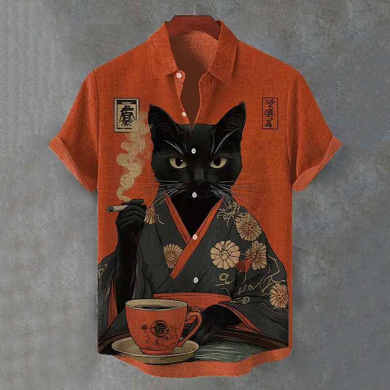 Men's Retro Black Cat Cigarette Japanese Illustration Print Short Sleeve Shirt - Red