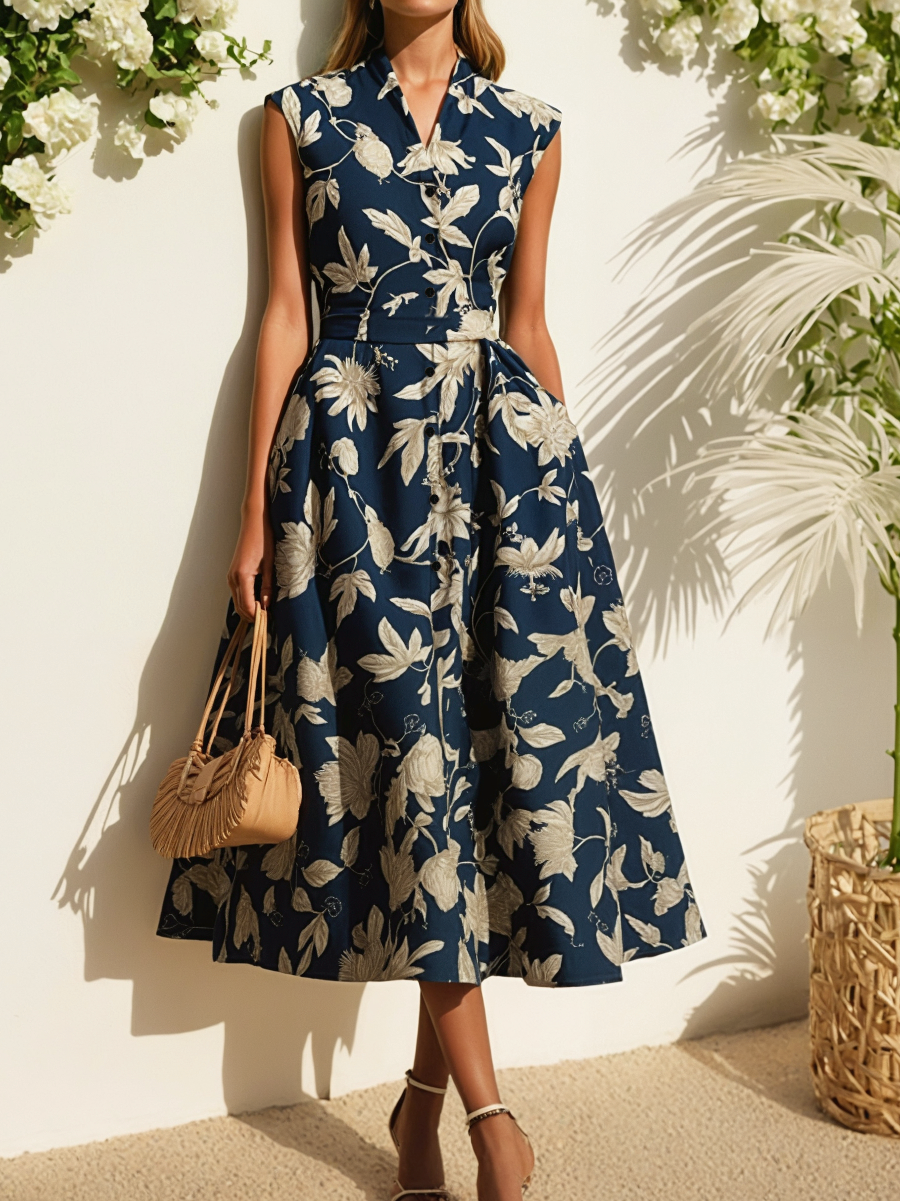 Midi Linen Dress , Cap Sleeves, V Neck, Floral, Button Design, Vintage, Dark Blue - Dark Blue