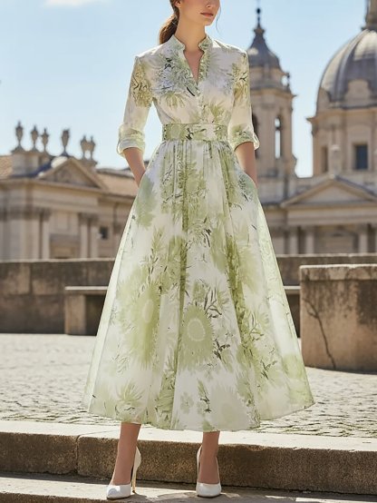 Maxi Linen Dress, Half Sleeve, Stand Collar, Floral, Vacation, Vintage, Lightgreen - Lightgreen