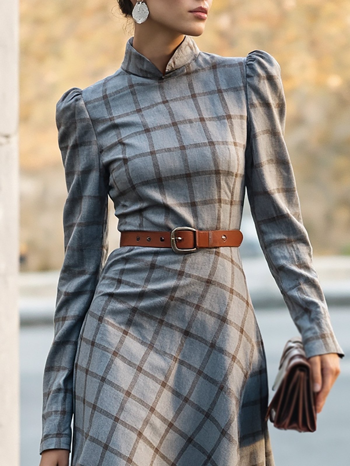 Midi Linen Dress, Long Sleeves, Stand Collar, Plaid, Belt Design, Vintage, Gray - Gray