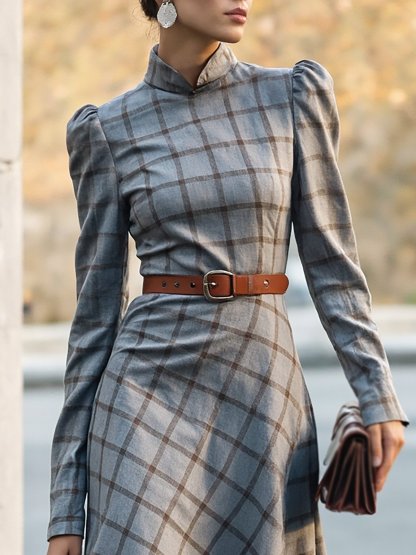 Midi Linen Dress, Long Sleeves, Stand Collar, Plaid, Belt Design, Vintage, Gray - Gray