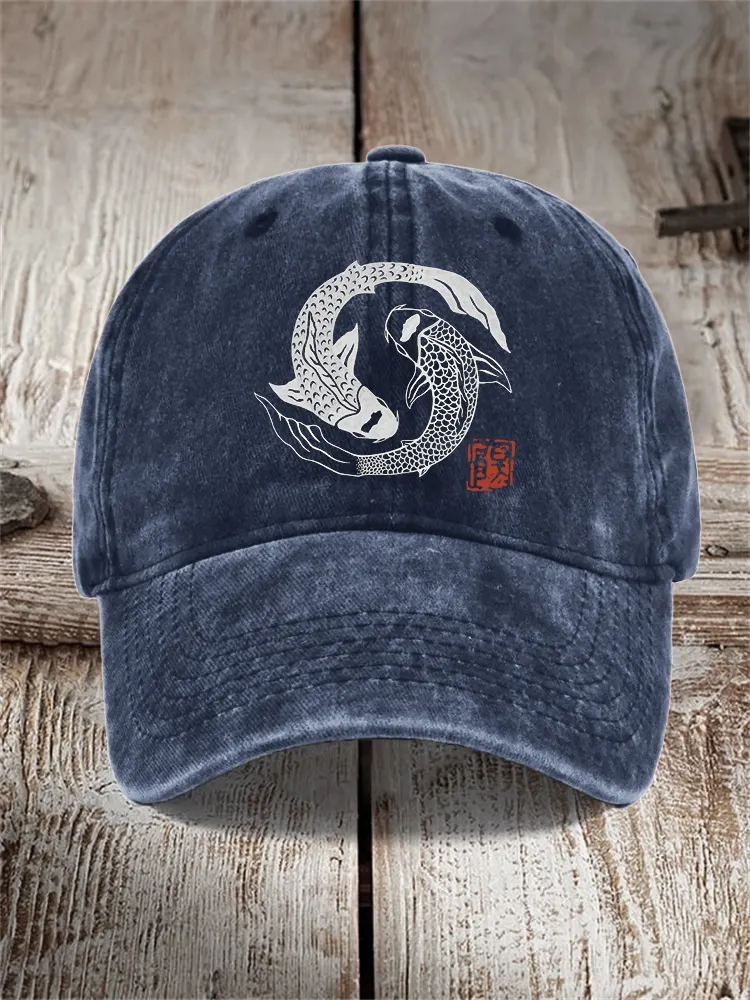 Carp Fish Contrast Japanese Lino Art Washed Cap - Navy