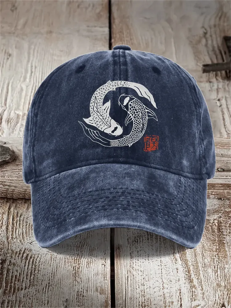 Carp Fish Contrast Japanese Lino Art Washed Cap - Navy