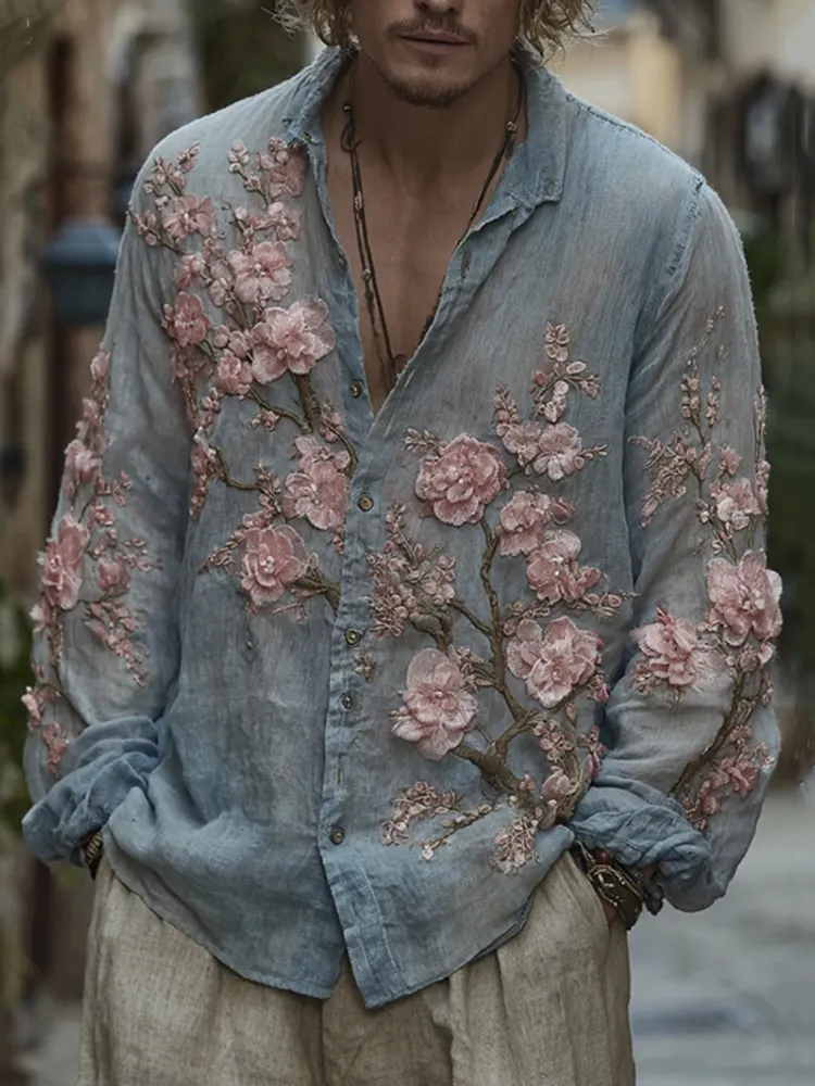 Men's Vintage Cherry Blossom Embroidered Flowy Linen Shirt - Blue