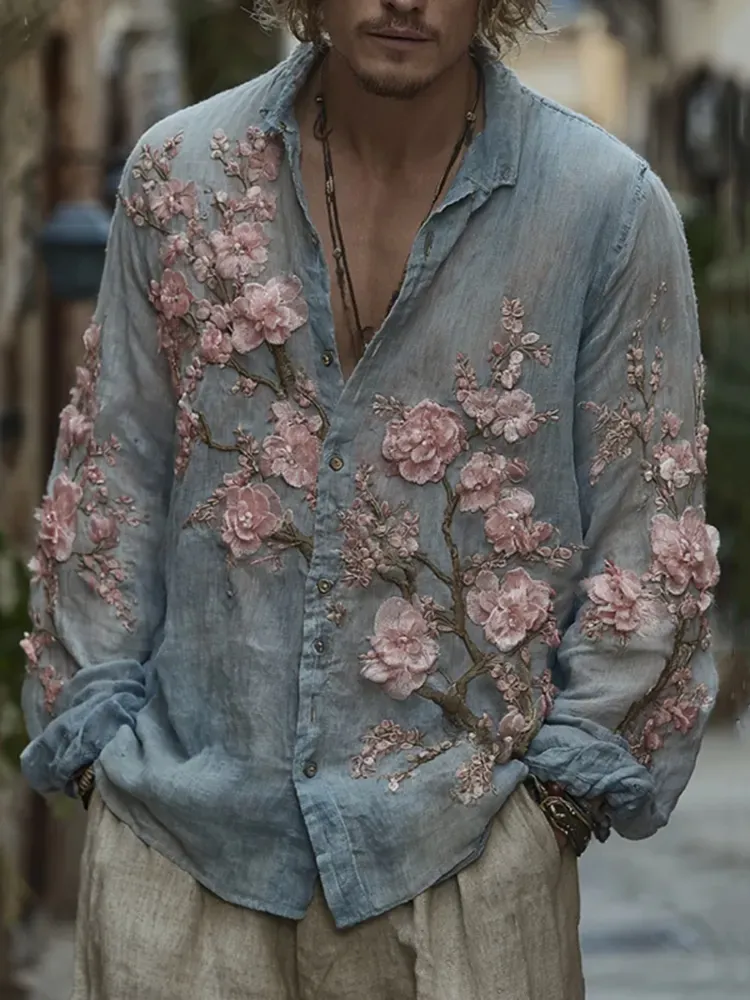 Men's Vintage Cherry Blossom Embroidered Flowy Linen Shirt - Blue