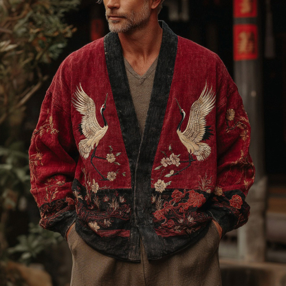 Japanese Cranes With Floral Art Linen Blend Kimono Cardigan - Red