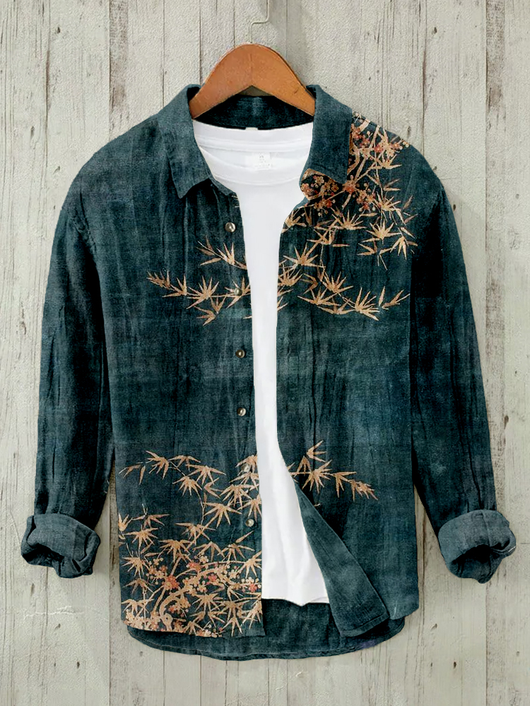 Bamboo & Sakura Japanese Art Linen Blend Cozy Blouse - Dark green