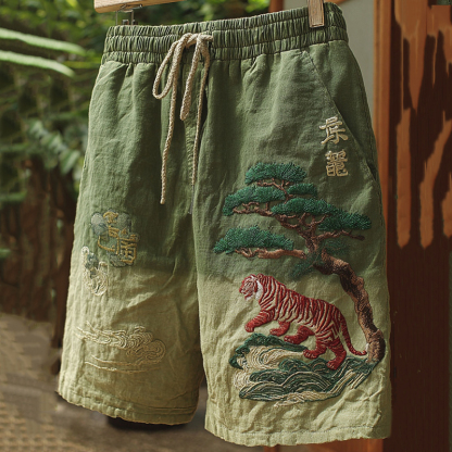 Men's Japanese Tiger Art Contrast Linen Short Pants - Green