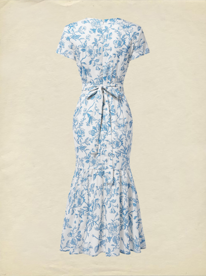 Midi Linen Dress, Short Sleeves, Sweetheart Neck, Floral, Ruffles, Vintage, Blue - Blue