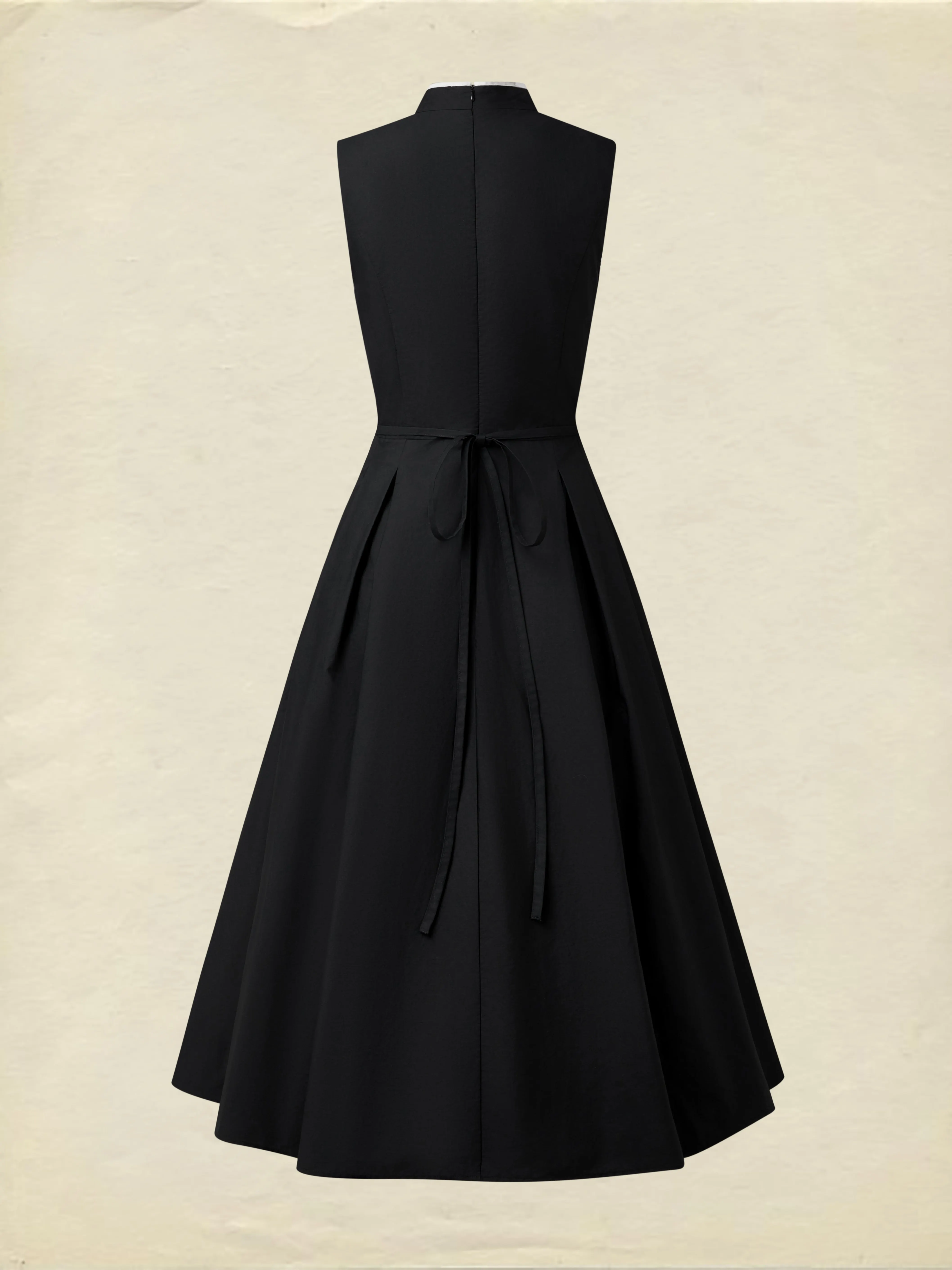 Midi Cotton Dress, Sleeveless, Plain, French Vintage, Black - Black
