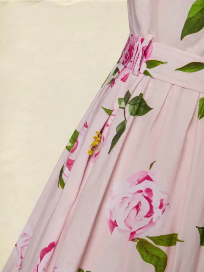 Midi Linen Dress , Long Sleeves, V Neck, Floral, Belt Design, Vacation, Vintage, Light Pink - Light Pink