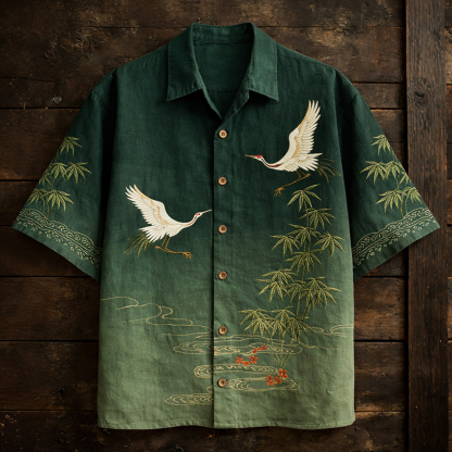 Men's Japanese-style Bamboo Cranes Pattern Linen Short-sleeved Shirt - Green