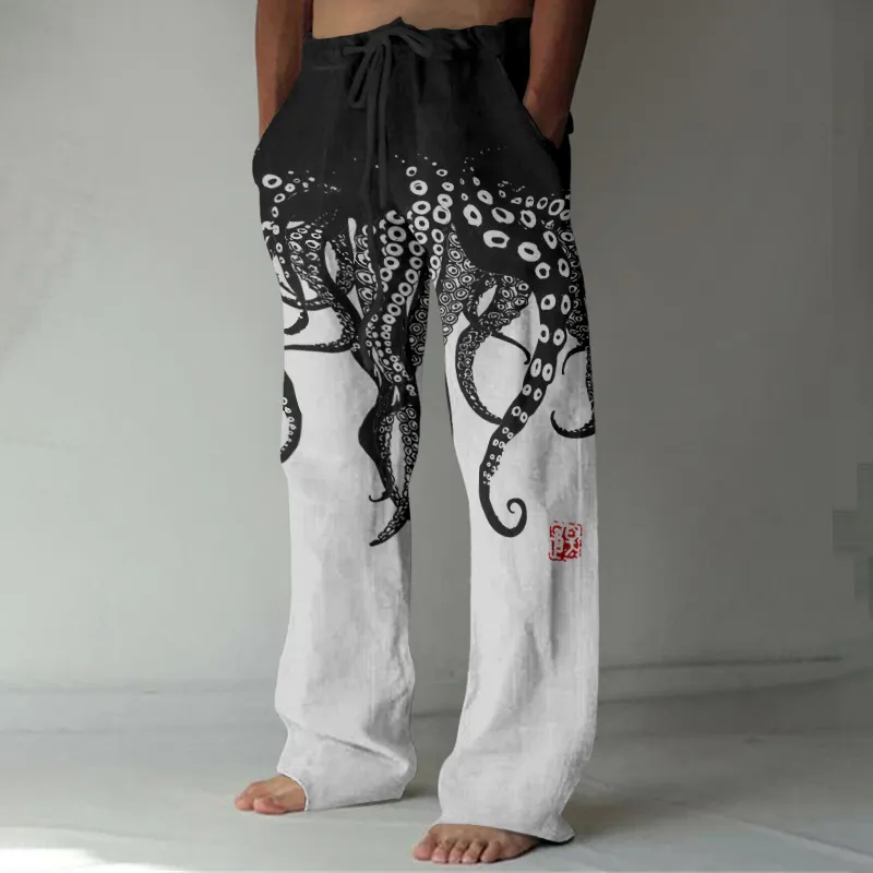 Vintage Japanese Art Octopus Legs Print Casual Linen Blend Pants - Black