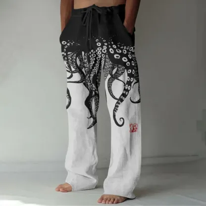 Vintage Japanese Art Octopus Legs Print Casual Linen Blend Pants - Black