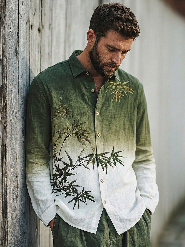 Men's Japanese-style Bamboo Gradient Art Casual Linen Shirt - Green white