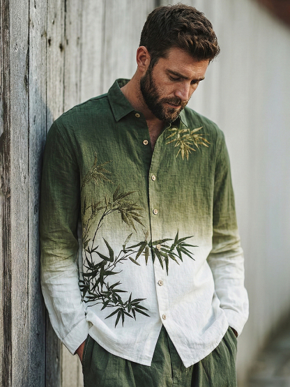 Men's Japanese-style Bamboo Gradient Art Casual Linen Shirt - Green white